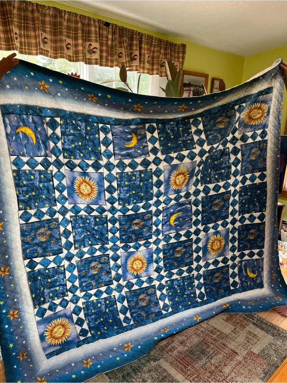 Celestial Sun & Moon Blue Patchwork Quilt Queen Size 86x94 handmade no tag/maker